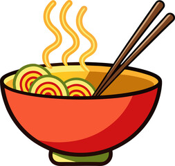 Hot ramen or pho noodle soup bowl with chopsticks and smoke flat vector icon 