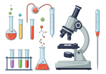 Detailed Illustration of a Compound Light Microscope with Assorted Laboratory Glassware.