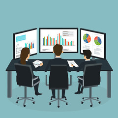 Three business people analyzing financial data on multiple computer monitors with graphs charts reports in modern office setting flat vector illustration