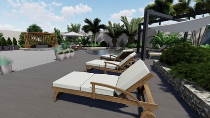 3d image of the landscape design of the home territory. Landscaping of the territory. Computer visualization of composite landscaping and landscaping solutions.