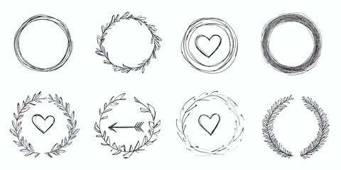 Hand drawn sketch circle frames with decorative leaves heart and arrow minimalist doodle style vector set of floral wreath elements for design and decoration