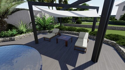 3d image of the landscape design of the home territory. Landscaping of the territory. Computer visualization of composite landscaping and landscaping solutions.