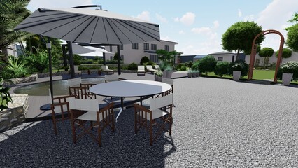 3d image of the landscape design of the home territory. Landscaping of the territory. Computer visualization of composite landscaping and landscaping solutions.