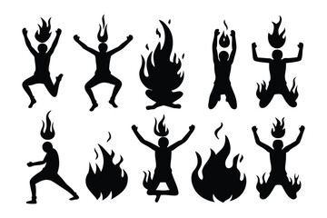 A collection of spooky black silhouette halloween ghosts and a bare tree against a white background