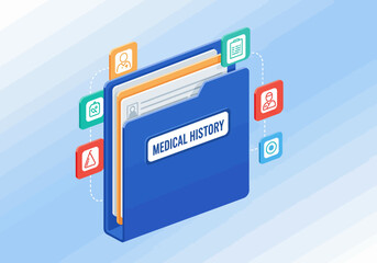 Isometric Blue Medical History File Folder with Documents.