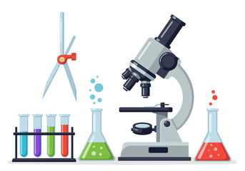 Detailed Illustration of a Compound Microscope with Erlenmeyer Flasks and Test Tubes.