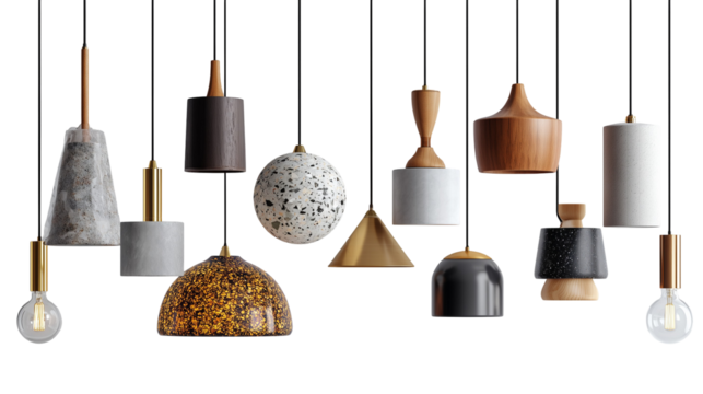 Assortment of pendant lights with various shapes and materials hanging against a white or transparent background space