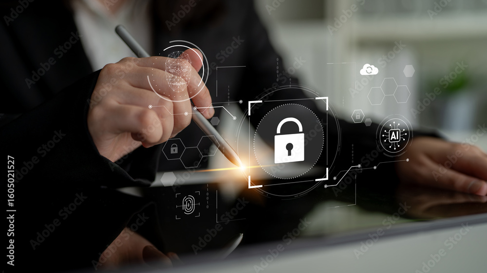 Poster ai cyber security system using biometric authentication and privacy control. cyber security protects
