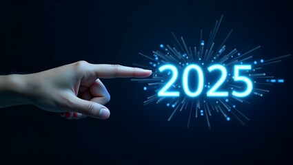 Future Vision Hand Pointing to Glowing 2025 with Digital Sparkle
