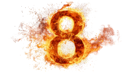 Burning number 8 set on fire on transparent background