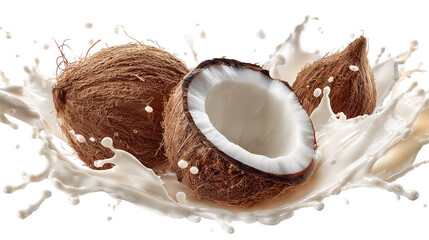 Coconut and a half with milk splash on white background
