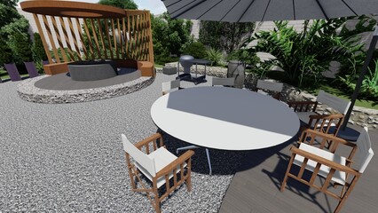 3d image of the landscape design of the home territory. Landscaping of the territory. Computer visualization of composite landscaping and landscaping solutions.