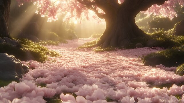 A sun-drenched, serene path covered in pink blossoms beneath a blossoming tree canopy