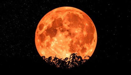 Full orange moon over trees