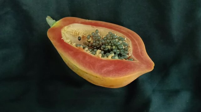 ripe papaya  fruit cut into half  close up on black background. photo taken in malaysia