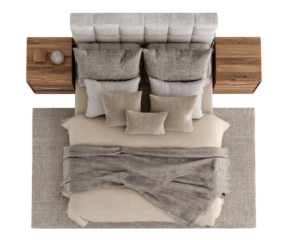 Overhead view of a bed and bedside tables.  A beige bed with a tufted headboard, grey and beige bedding, and two light brown wooden nightstands are arranged on a beige rug