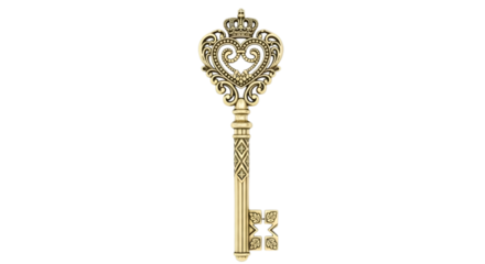 An ornate golden antique key with a heart and crown isolated on transparent background