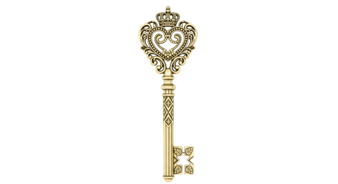 An ornate golden antique key with a heart and crown isolated on transparent background