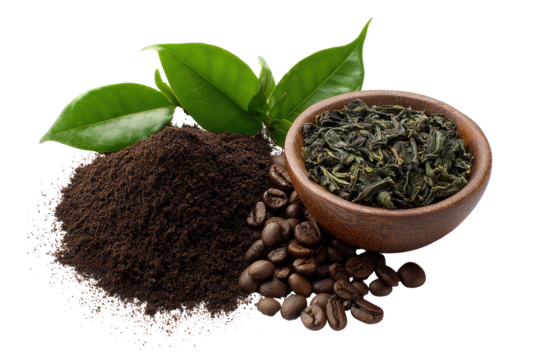 A composite image of green tea leaves, tea powder, and coffee beans