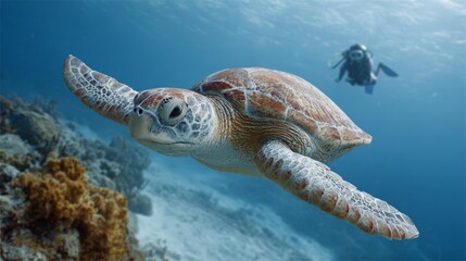 Obraz premium Sea turtle glides effortlessly through a vibrant coral reef, accompanied by a diver exploring the underwater world. The scene captures the beauty of marine life and the thrill of diving