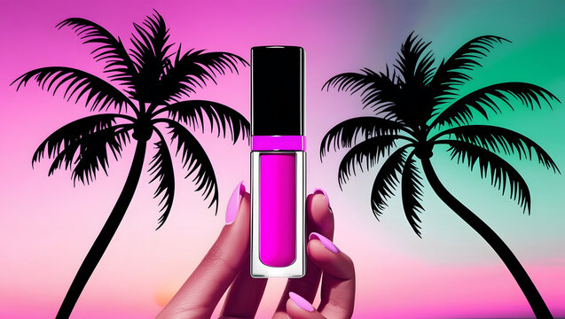 Hand holding vibrant pink lip gloss against tropical sunset image