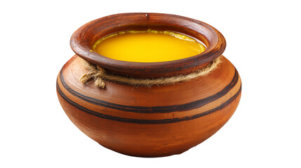 Ghee in clay pot isolated on transparent background 