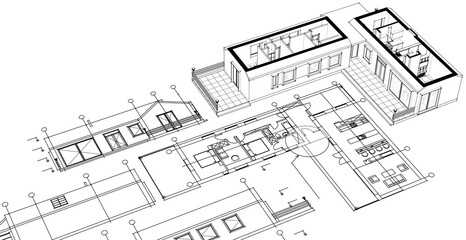  house architectural project sketch 3d illustration