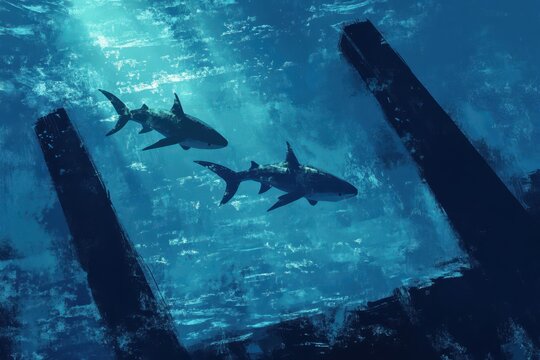 Sharks glide gracefully through vibrant blue waters in a serene underwater world, sharks swimming in blue sea water Digital art concept