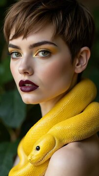 Beauty woman short haircut python yellow snake on her neck. A yellow snake on the shoulders of a girl. Beauty yellow eye shadow makeup, dark burgundy lipstick.