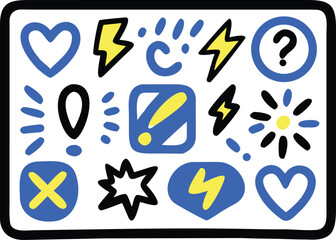 Blue yellow and black graphic icons and symbols collection heart lightning