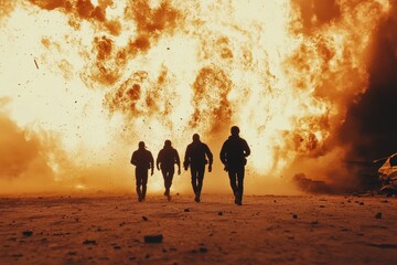 Team walks away from explosion, showcasing bravery and camaraderie in a tense cinematic moment, Cinematic shot of team walking away from awesome explosion in slow motion