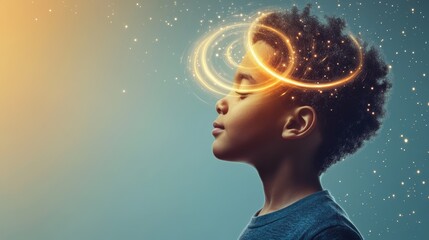 Profile of young child with closed eyes and futuristic golden halo visualizing universe, galaxy, planets and stars, exploring space with innovative technology