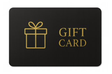 Gift card with golden gift box and text on black background with transparent background, ideal for shopping and celebration concepts