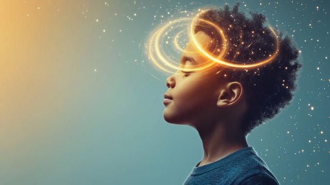 Profile of young child with closed eyes and futuristic golden halo visualizing universe, galaxy, planets and stars, exploring space with innovative technology