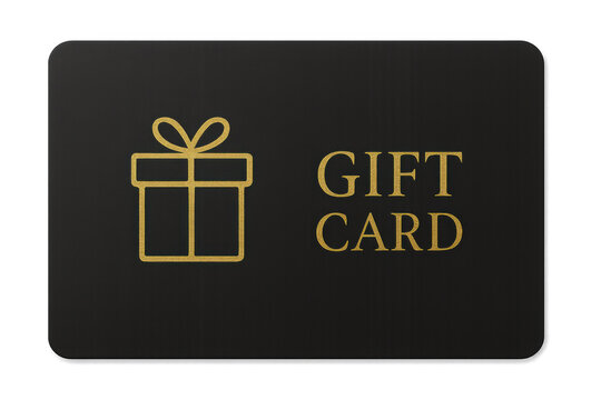 Gift card with golden gift box and text on black background with transparent background, ideal for shopping and celebration concepts
