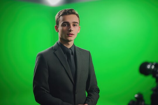 Young presenter delivers weather forecast in studio with green screen background, Young presenter in the studio tells the weather forecast correctly Green screen