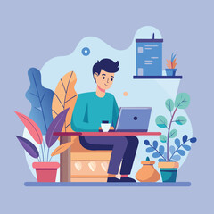 Remote Work Concept – Young Businessman in Flat Vector Style color white background 