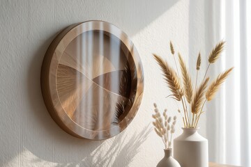 Fototapeta premium Modern round wooden wall art creating a serene podium background for home decor