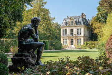 Sculpture of the thinker in the serene garden of Rodin Museum on a sunny day, Sculpture of the thinker in the garden of the Rodin Museum