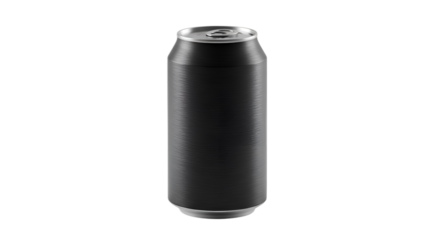 A sleek black aluminum can of soda on transparent background