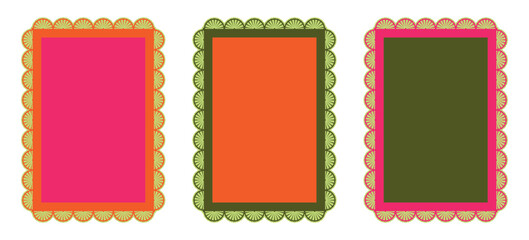 Set of vertical vector banners with frame, decorated with flowers in Mexican style. Mexican fiesta, Cinco de Mayo - template for banner, poster, invitation, advertisement, postcard, certificate.