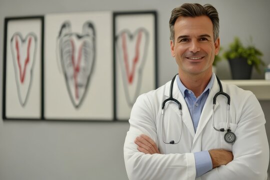 Cardiograph and Caucasian doctors discussing patient health in a modern medical office, cardiograph over caucasian doctors with arms crossed