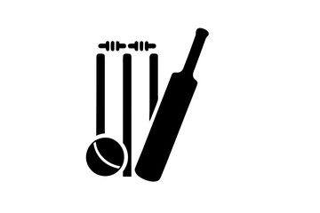 Cricket Icon: Bold & Simple Vector Graphic of Bat, Ball & Wickets