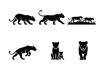Black silhouettes of lions and cubs in various poses big cat