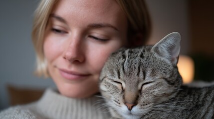 White Woman with Tabby Cat on Lap in Softly Lit Modern Interior