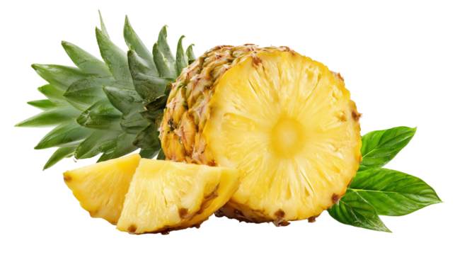 Pineapples isolated. Pineapple half with leaves on white background. Cut pineapple with round slices. Composition isolate on transparent background