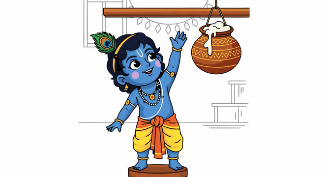 Little Krishna Reaching for Butter Pot: A Playful Janmashtami Vector