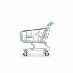 Empty metal shopping cart with light blue handle and seat on white background