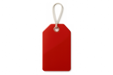 Hanging red label with white string, transparent background highlighting sales promotion elements and pricing details