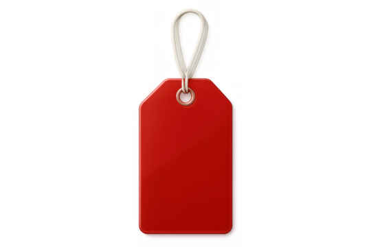 Hanging red label with white string, transparent background highlighting sales promotion elements and pricing details